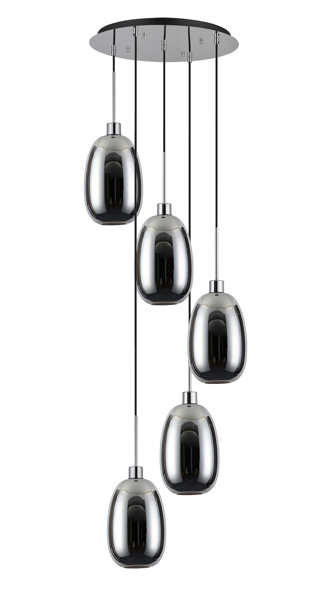 DK1282  Lori 45cm Round Pendant, 5 Light Adjustable E27, Polished Chrome/Chrome Slim Curved Trapezium Shades